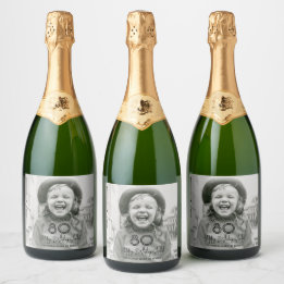 Verjaardag Chic Zwart Typografie & Foto Feest Sparkling Wijnetiket