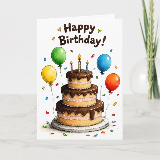 Verjaardag Chocolade Cake Ballonnen Kaart (Voorkant)