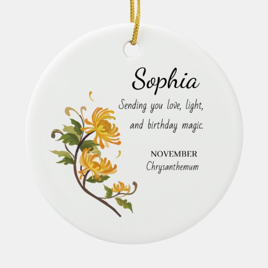 Verjaardag Chrysanthemum Gepersonaliseerd Keramisch Ornament (Voorkant)