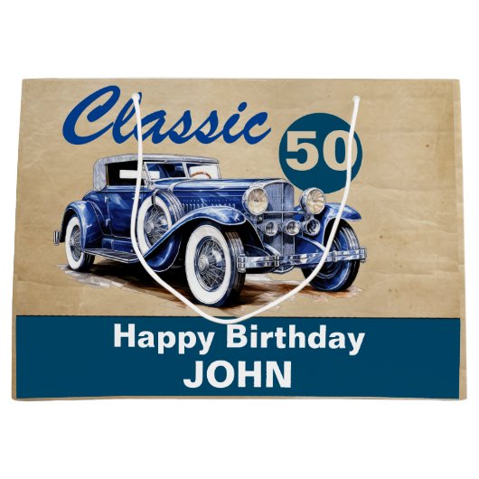 Verjaardag, Classic  Blue Car Groot Cadeauzakje (Voorkant)