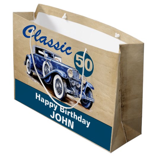 Verjaardag, Classic  Blue Car Groot Cadeauzakje (Achterkant Gekanteld)