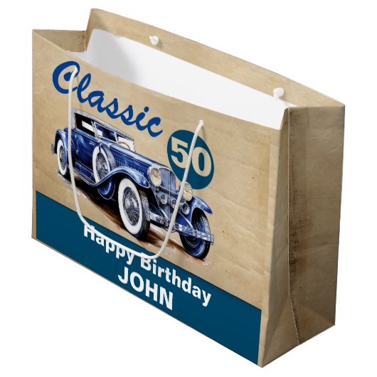 Verjaardag, Classic  Blue Car Groot Cadeauzakje (Voorkant Gekanteld)