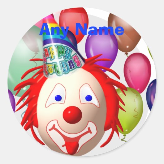Verjaardag clown, elke naam ronde sticker (Voorkant)