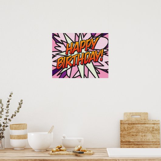 VERJAARDAG Comic Book Pop Art roze Poster (Keuken)
