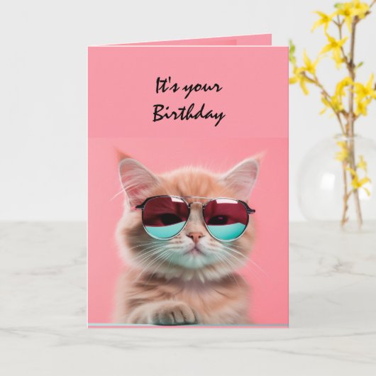Verjaardag Cool Classy Kitten Cat Fun Humor Kaart (Gele Bloem)