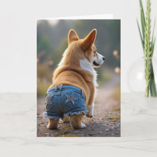 Verjaardag Corgi Hond Dragen Blauwe Jean Shorts Kaart