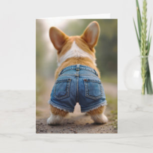 Verjaardag Corgi Hond Dragen Blauwe Jean Shorts Kaart