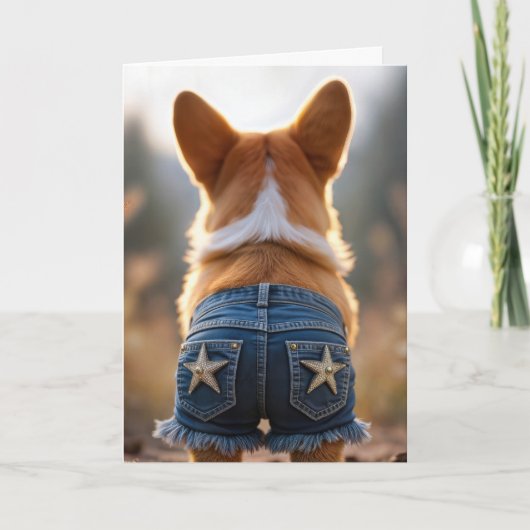 Verjaardag Corgi Hond Dragen Blauwe Jean Shorts Kaart (Voorkant)