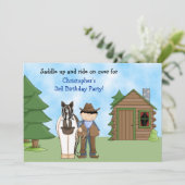 Verjaardag Cowboy, paard en hut uitnodiging (Staand voorkant)