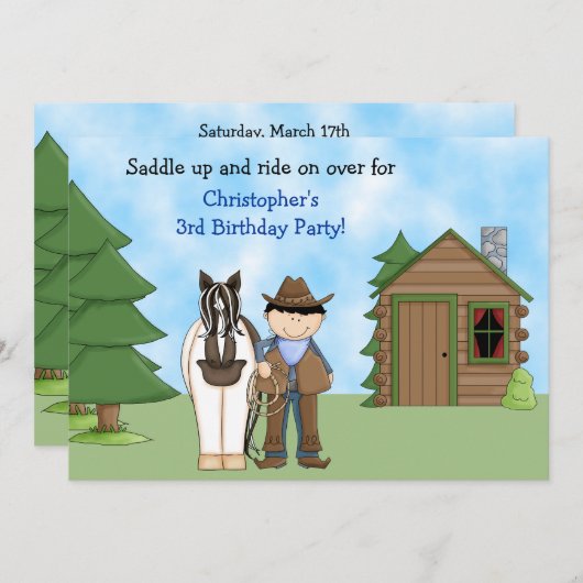 Verjaardag Cowboy, paard en hut uitnodiging (Voorkant / Achterkant)