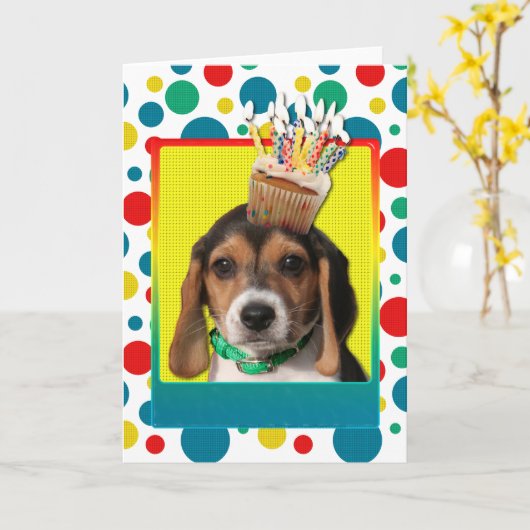 Verjaardag Cupcake - Beagle Puppy - Chloe Kaart (Gele Bloem)