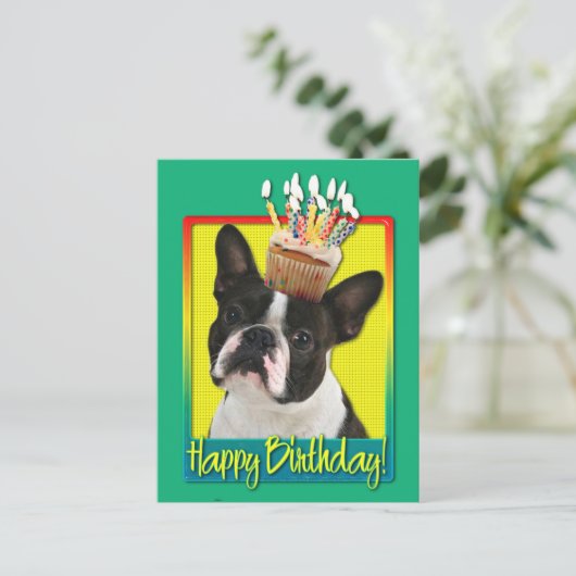 Verjaardag Cupcake - Boston Terrier Briefkaart (Staand voorkant)