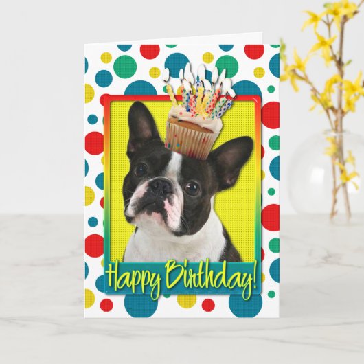 Verjaardag Cupcake - Boston Terrier Kaart (Gele Bloem)