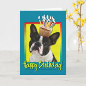 Verjaardag Cupcake - Boston Terrier Kaart (Gele Bloem)