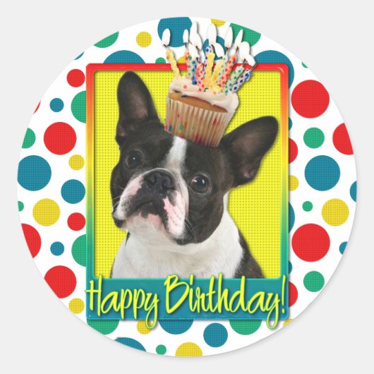 Verjaardag Cupcake - Boston Terrier Ronde Sticker (Voorkant)