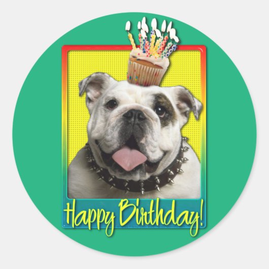 Verjaardag Cupcake - Bulldog - Licht Ronde Sticker (Voorkant)