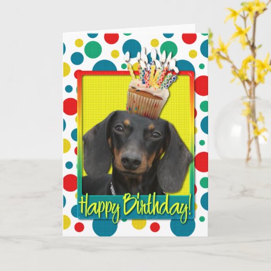 Verjaardag Cupcake - Dachshund - Winston Kaart (Gele Bloem)