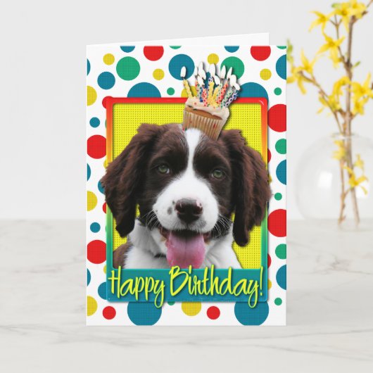 Verjaardag Cupcake - Engels Springer Spaniel - Bax Kaart (Gele Bloem)
