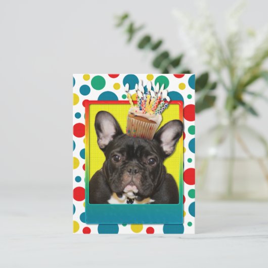 Verjaardag Cupcake - Franse Bulldog - Blauwgroen Briefkaart (Staand voorkant)