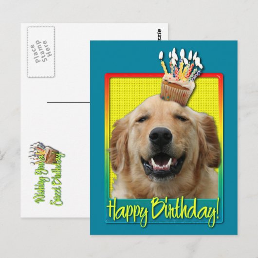 Verjaardag Cupcake - Golden Retriever - Mickey Briefkaart (Voorkant / Achterkant)