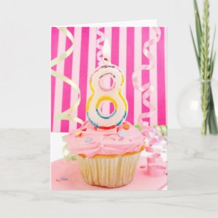 Verjaardag cupcake met aantal 8 kaars in roze kaart