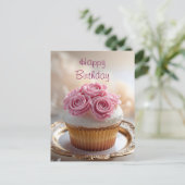 Verjaardag Cupcake met Roze Crème Rozen Briefkaart (Staand voorkant)