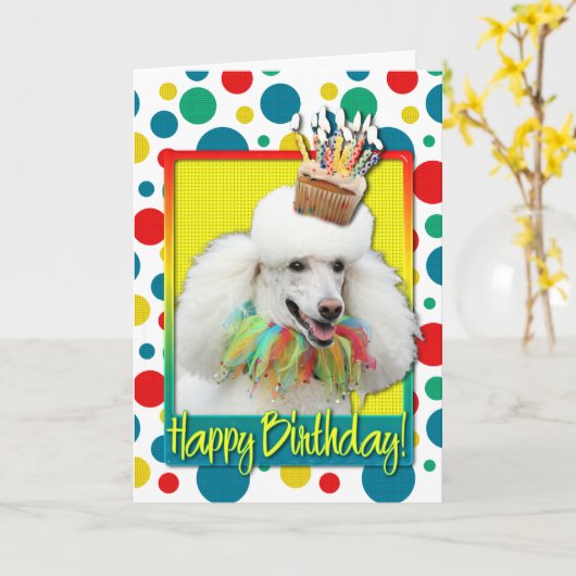 Verjaardag Cupcake - Poedel - Wit Kaart (Gele Bloem)