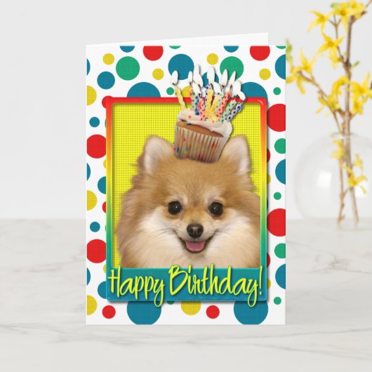 Verjaardag Cupcake - Pomeranian Kaart (Gele Bloem)