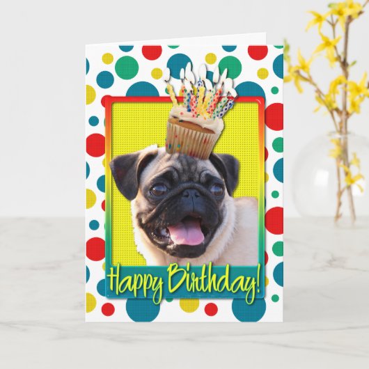 Verjaardag Cupcake - Pug Kaart (Gele Bloem)