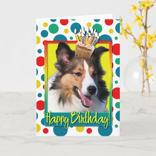 Verjaardag Cupcake - Sheltie Kaart (Gele Bloem)