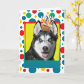 Verjaardag Cupcake - Siberische Husky Kaart (Gele Bloem)