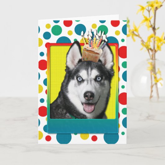 Verjaardag Cupcake - Siberische Husky Kaart (Gele Bloem)