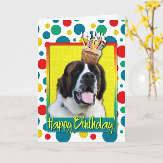 Verjaardag Cupcake - Sint-bernard - Mae Kaart (Gele Bloem)