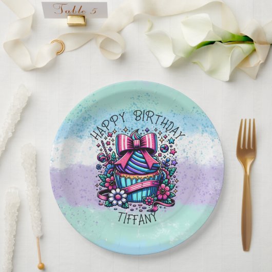 Verjaardag Cupcake Whimsical gepersonaliseerd Papieren Bordje (Huwelijk)