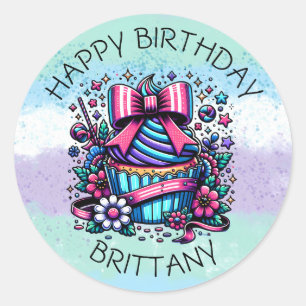 Verjaardag Cupcake Whimsical gepersonaliseerd Ronde Sticker