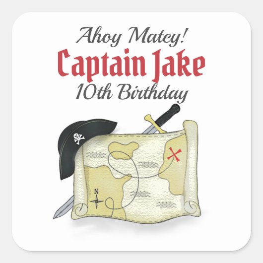 Verjaardag Custom Favors Typografie Pirate Map Vierkante Sticker (Voorkant)