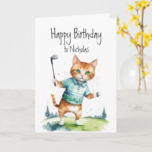 Verjaardag Custom Naam Cat Golfen Kaart (Gele Bloem)
