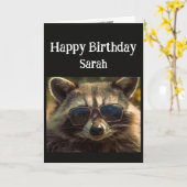 Verjaardag Custom Naam Cool Friend Raccoon Kaart (Gele Bloem)