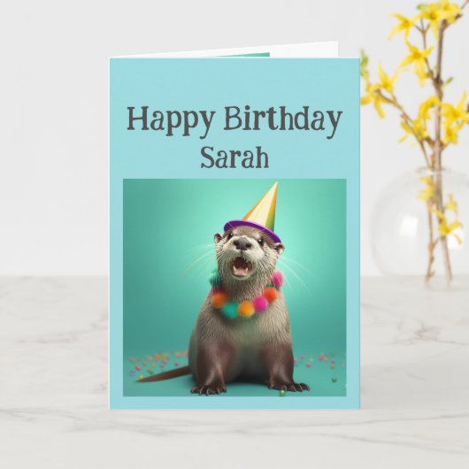 Verjaardag Custom Naam Leuke Otter Dier Humor Kaart (Gele Bloem)