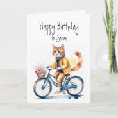 Verjaardag Custom Name Cat Rijden op een fiets Kaart (Voorkant)