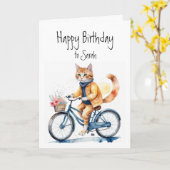 Verjaardag Custom Name Cat Rijden op een fiets Kaart (Gele Bloem)