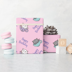 Verjaardag cute kat in de kom roze cadeaupapier
