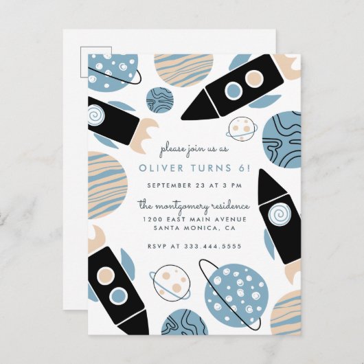 Verjaardag Cute Rocket Ship BuitenSpace Uitnodiging Briefkaart (Voorkant / Achterkant)