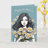 Verjaardag  Dame Met Daisy Boeket Kaart (Gele Bloem)