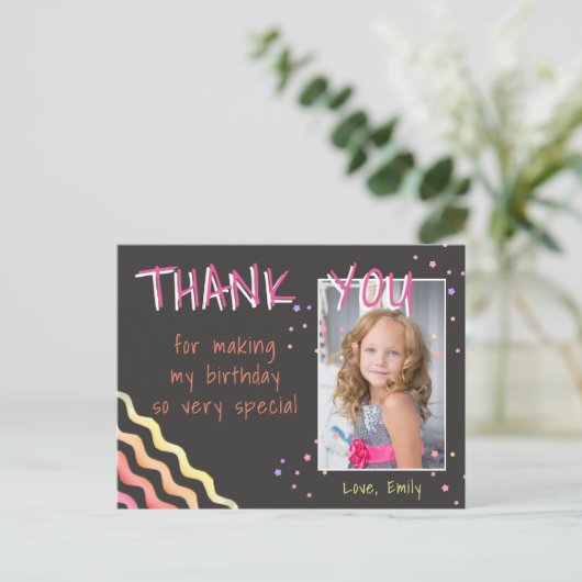 Verjaardag Dank u Fotokaart Waves and Stars Meisje Briefkaart (Staand voorkant)
