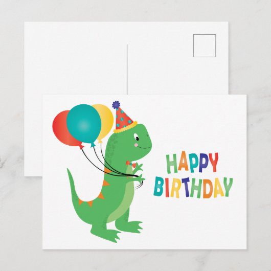 Verjaardag Dinosaur Ballonnen Briefkaart (Voorkant / Achterkant)
