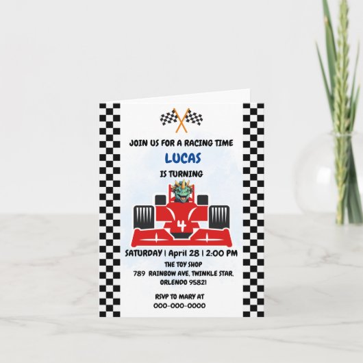 Verjaardag Dinosaur race auto jongen rood racen ki (Voorkant)