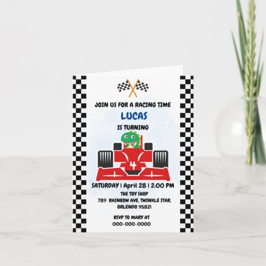 Verjaardag Dinosaur race auto jongen rood racen ki (Voorkant)