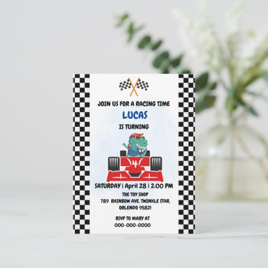 Verjaardag Dinosaur race auto jongen rood racen ki Briefkaart (Staand voorkant)