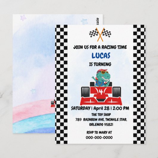 Verjaardag Dinosaur race auto jongen rood racen ki Briefkaart (Voorkant / Achterkant)